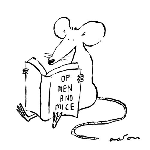 A mouse reading 'Of Men And Mice book'.