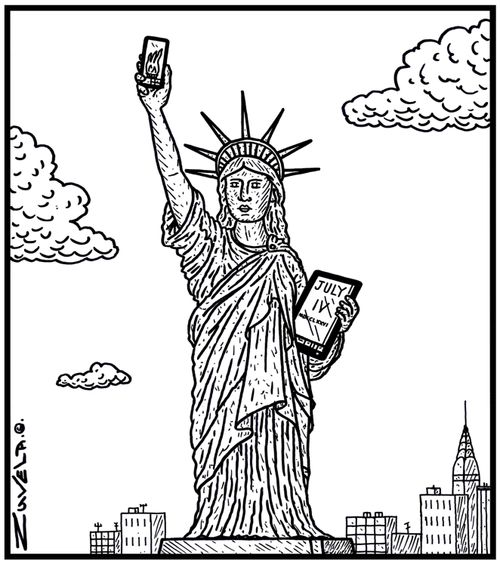 The Statue of Liberty's smartphone and tablet PC.