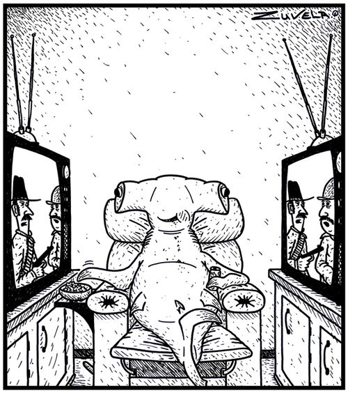 A Hammerhead shark watching two Televisions.