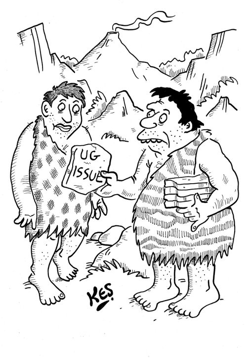 A caveman offers another a copy of, 'The Ug Issue'.