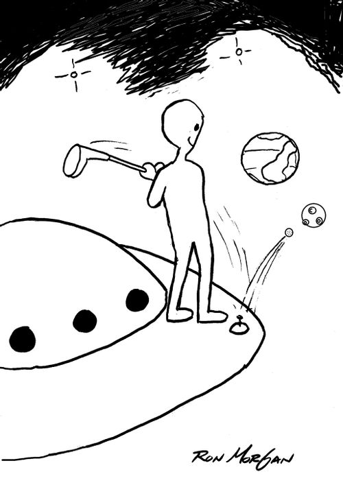 Alien hits golf balls off space ship into the moon's craters.