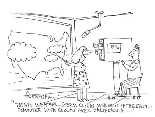 'Today's weather. . .  storm clouds over most of the east. . . computer data clouds over California. . .'