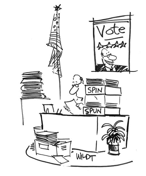 Politician has inout box labeled 'spinspun'.