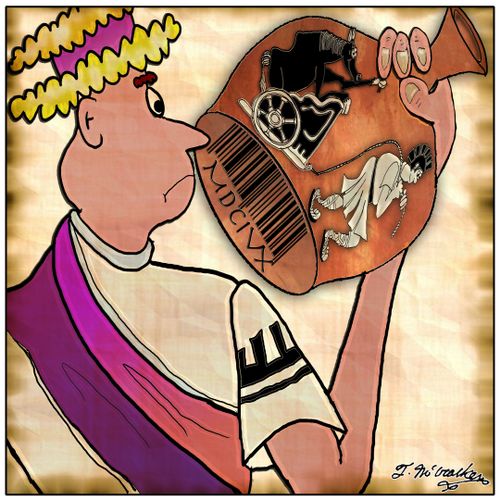 An ancient Roman looks at a the bottom of a clay pot and sees a bar code.