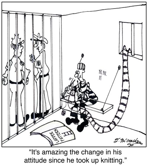 'It's amazing the change in his attitude since he took up knitting.'