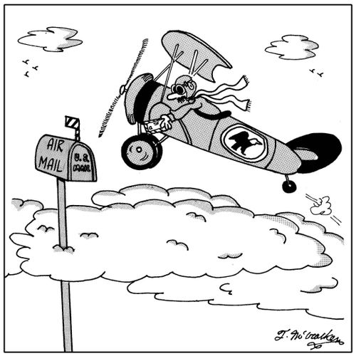 A pilot leaning out of an airplane putting mail in a box high in the sky labeled, 'Air Mail Box.'