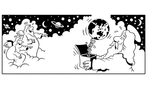 Angels give God a joke - a box with an earth on a spring inside.