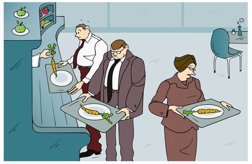 Disappointed overweight employees being served a carrot at the office canteen.