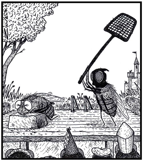A fly about to be executed with a fly swatter in medieval times.