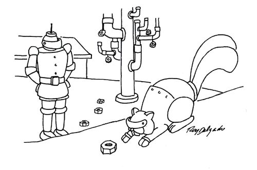 Robot squirrel chasing nuts.