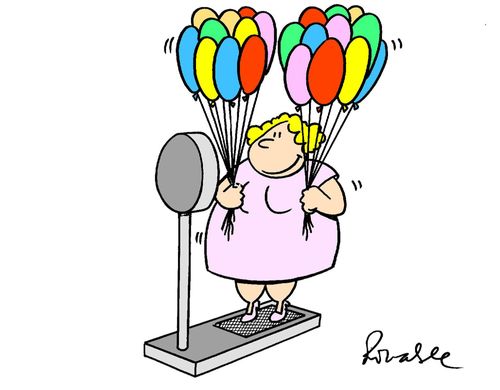 Large lady holding helium balloons while weighing herself.