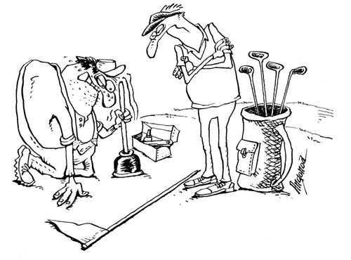Using a sink plunger to retrieve a golf ball.