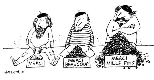 French beggars (the one with a 'Merci mille fois' sign has the most money).