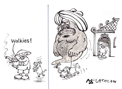 Genie being forced to walk Aladdin's dog