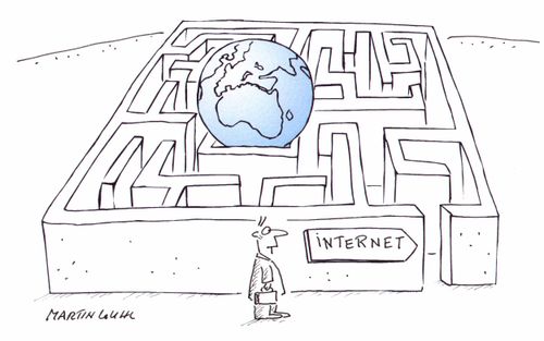 Man about to enter a maze with a arrow saying 'Internet' with the world at its center