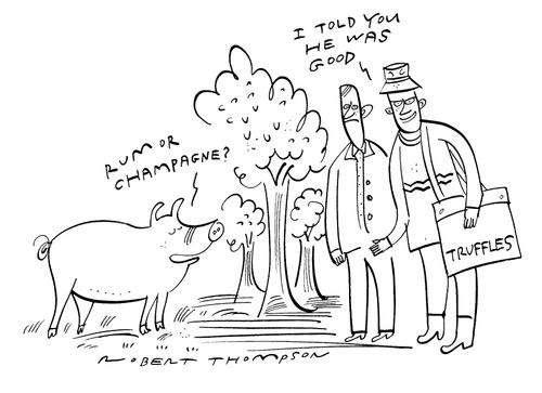 Pig asking whether the farmers truffles are 'Rum or Champagne?'