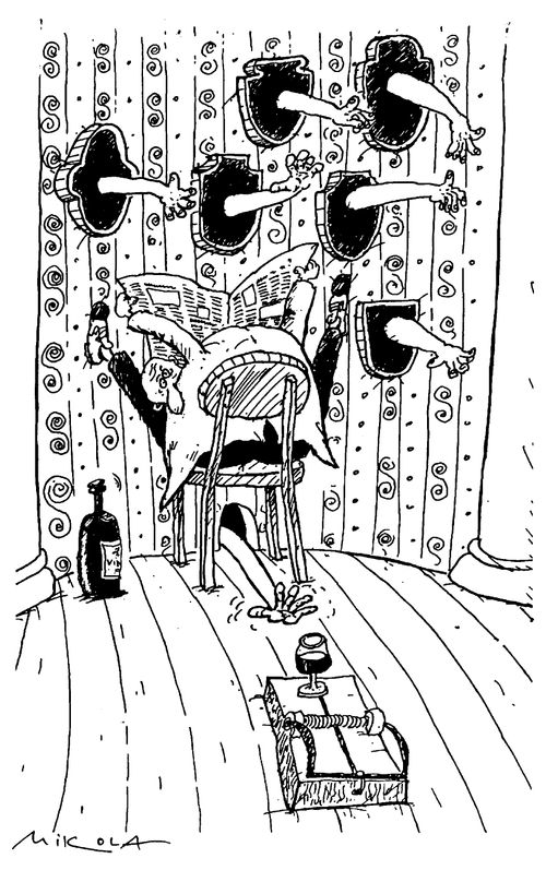 Man waiting beside trophies of human arms with a wine glass in a mouse trap near a hole with an arm coming through it