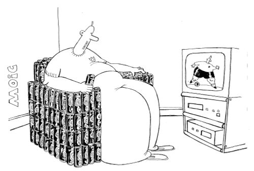 Man watching football on T.V. in armchair made of beer cans.