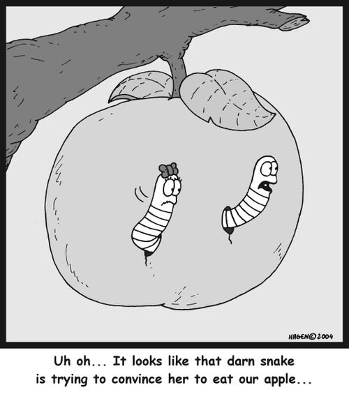 'Uh oh... It looks like that darn snake is trying to convince her to eat our apple...'