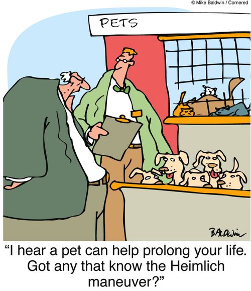 "I hear a pet can help prolong your life. Got any that know the Heimlich maneuver?"