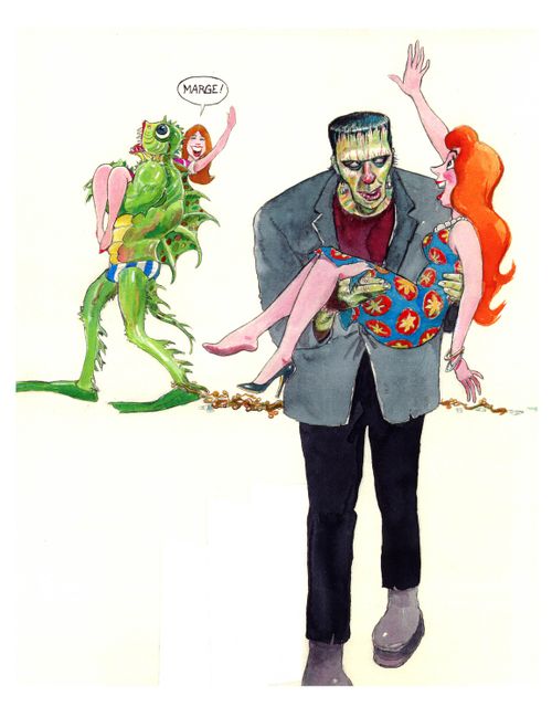 'Marge!' One victim calls out to another as they are carried off by Frankenstein and the Creature from the Black Lagoon.