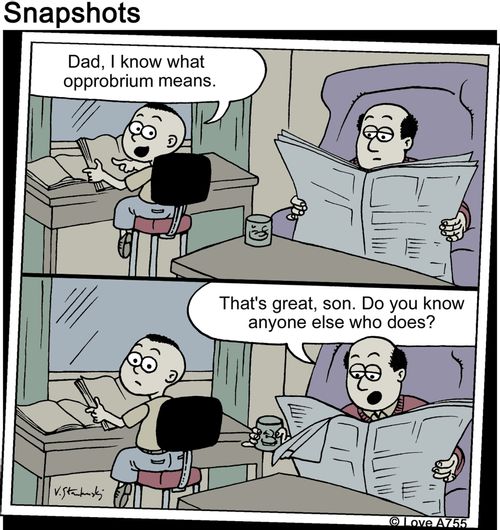 'Dad, I know what opprobrium means.'; 'That's great, son. Do you know anyone else who does?'