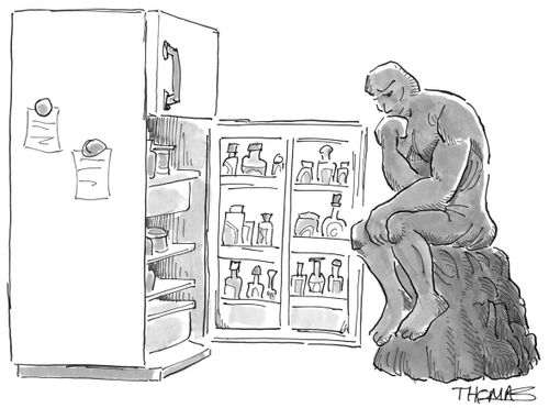 Rodin's Thinker in front of refrigerator.