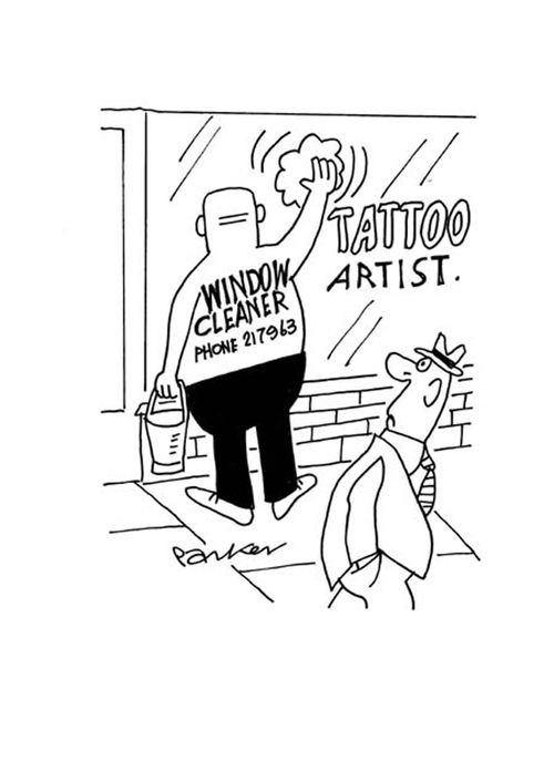 Window cleaner has number tattooed on his back.