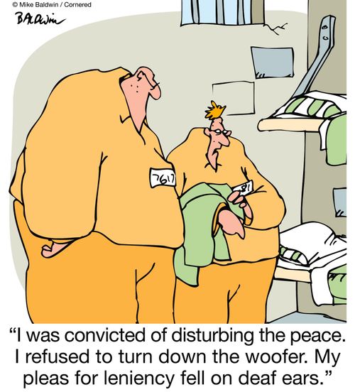 I was convicted of disturbing the peace. I refused to turn down the woofer. My pleas for leniency fell on deaf ears.