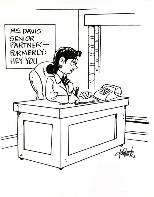 Senior Partner works at a desk, sign on wall behind her says 'Ms. Davis senior partner - formerly: 'Hey You'.