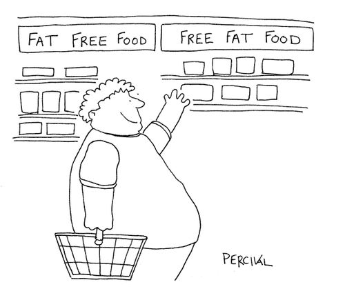 Obese guy looking a shelf labelled 'Free Fat Food'.