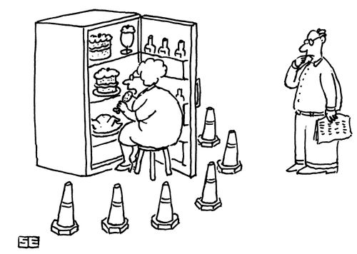 Woman Sitting By Fridge Eating Cake, Surrounded by Protective Cones.