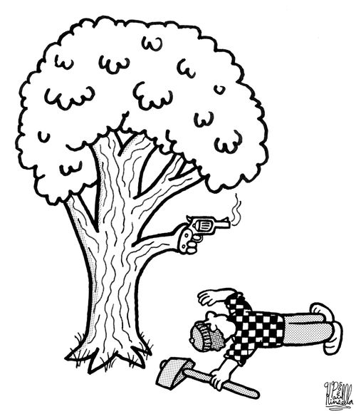 Tree shoots lumberjack in self-defense.