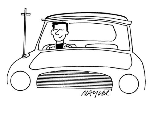 Vicar with cross-shaped car aerial.