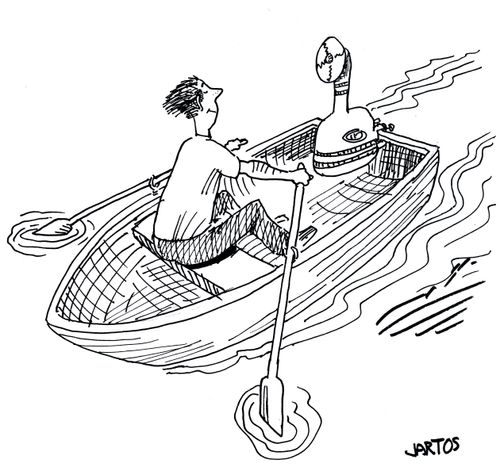 Rower using his outboard motor to fan his face.