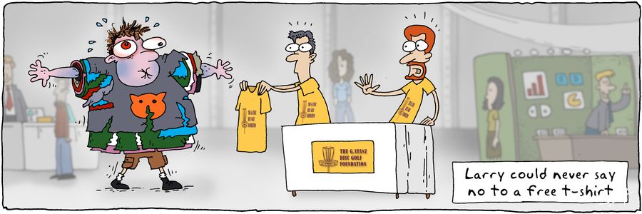 Larry could never say no to a free t-shirt.