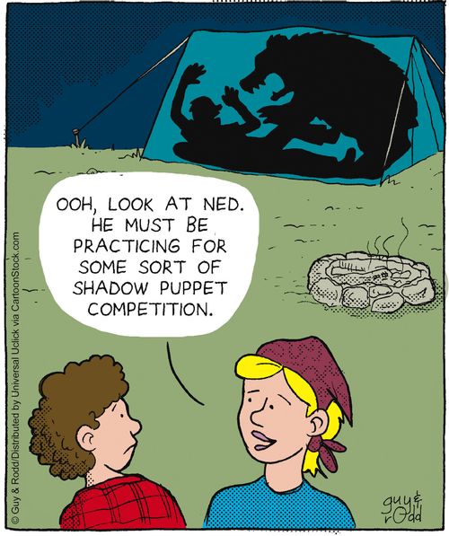 'Ooh, look at Ned. He must be practicing for some sort of shadow puppet competition.'