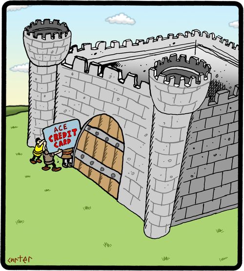Soldiers attempt to break into a castle with a credit card.