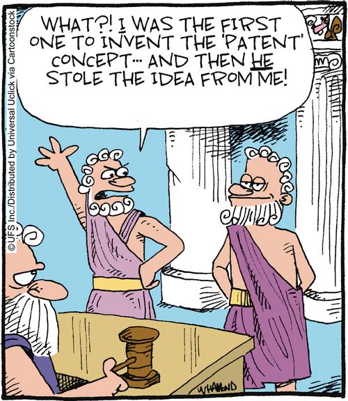 'What?! I was the first one to invent the patent concept... and then he stole the idea from me!'