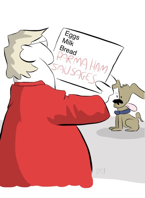 Dog adds Parma ham sausages to his owner's shopping list.