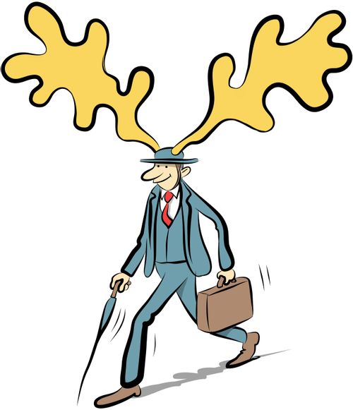A businessman with moose antlers sprouting from his hat.