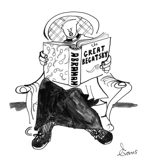 A vicar is reading 'The Great Begatsby' written by Abraham.