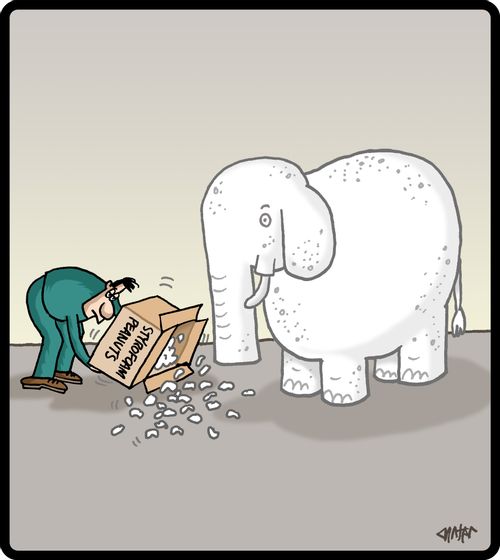 Zoo keeper feeds styrofoam peanuts to a styrofoam elephant.