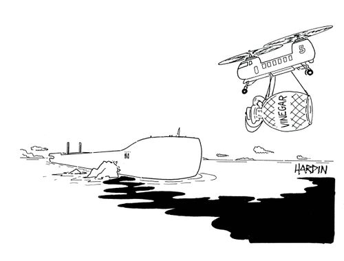 Helicopter approaches oil spill with giant vinegar jar.