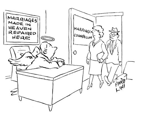 Marriage counsellor is an angel: Sign on the wall - 'Marriages made in heaven repaired here'.