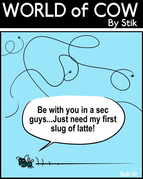 'Be with you in a sec guys...Just need my first slug of latte!'