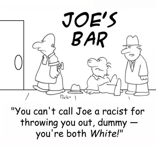 JOE'S BAR, 'You can't call Joe a racist for throwing you out, dummy - you're both WHITE!'