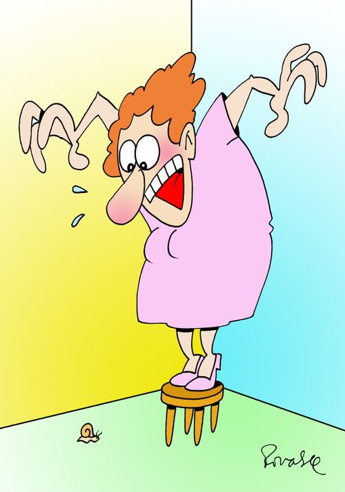 Woman afraid of a snail.