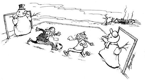 Playing football with snowmen in goal.