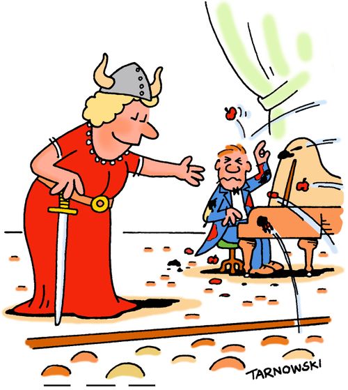 Pianist being pelted with tomatoes.